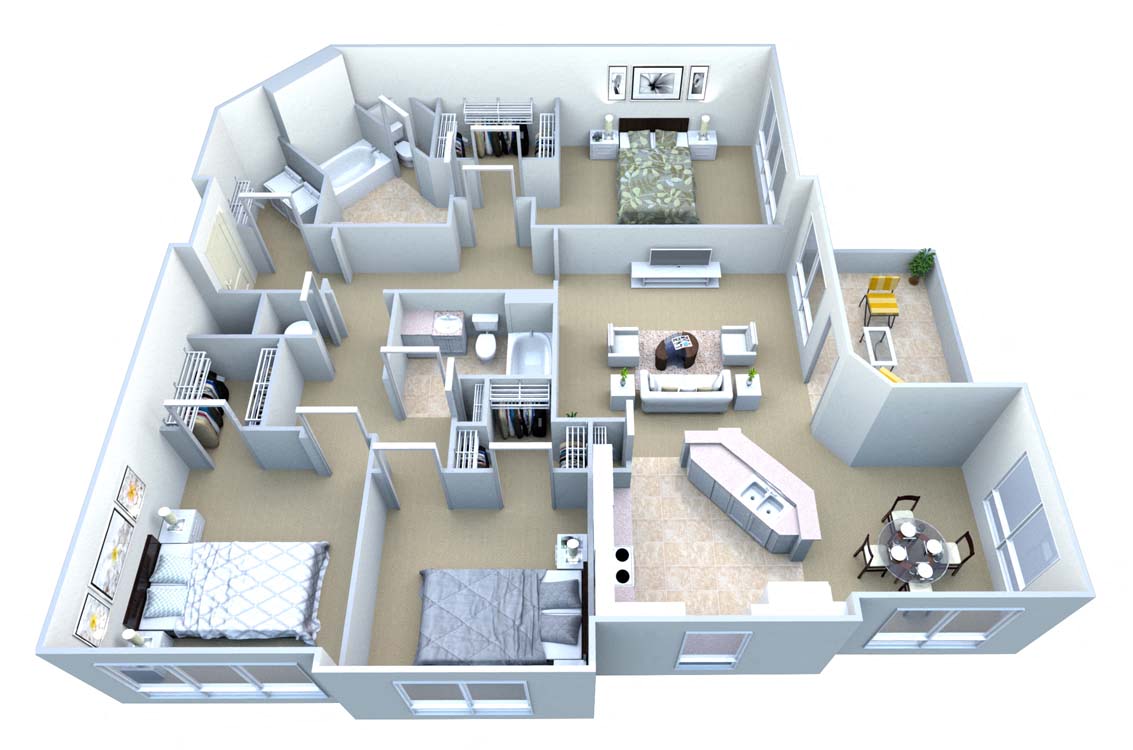 Floor plan for 3 beds, 2 baths, 1690 sqft